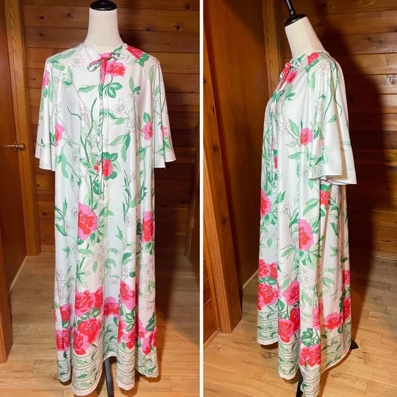 Vintage 70s Hawaiian Hibiscus Print Tie Front Zip Muumuu House Coat Sz XL